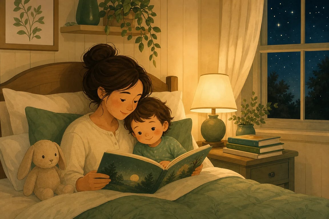A parent and young child reading a picture book together in bed at bedtime