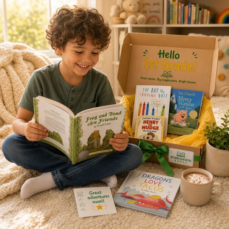 Happy 1st grader reading Frog and Toad Are Friends from the Robinhood Books box