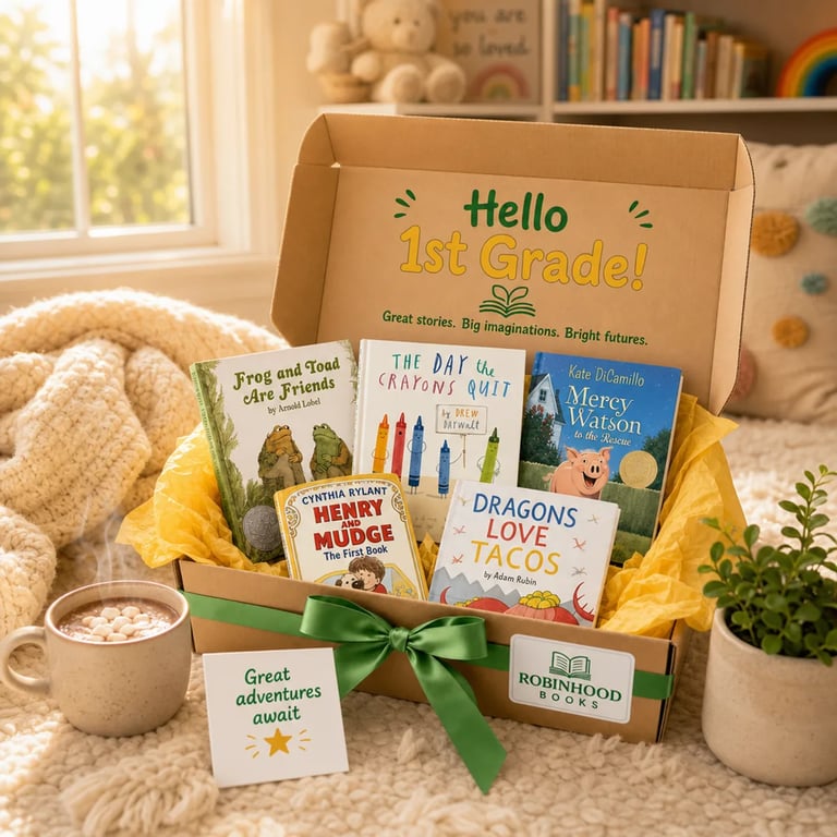 1st Grader Book Box - cozy reading nook lifestyle shot with all 5 books
